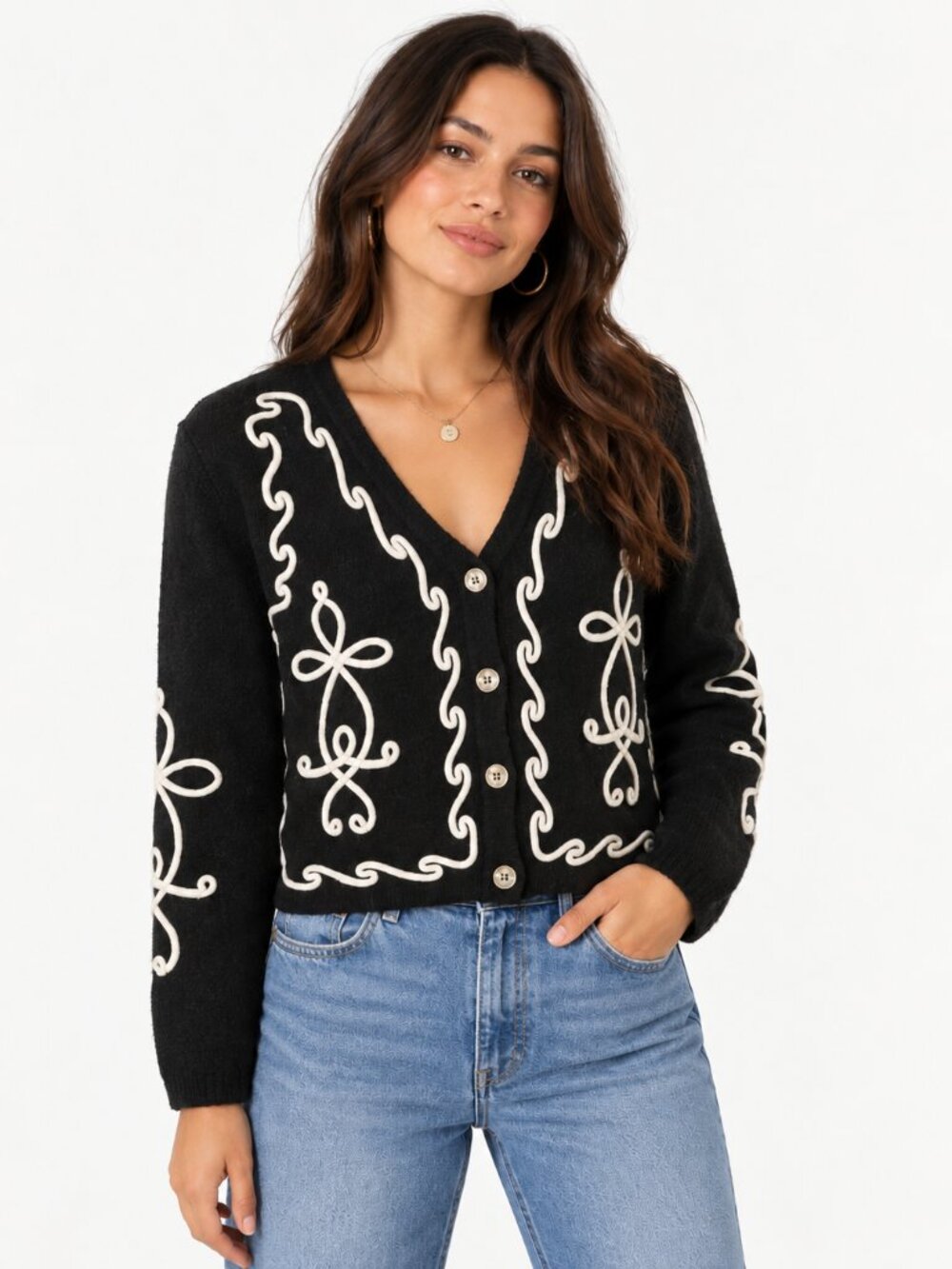 Tahari Black Embroidered Western Button Up Boxy Cardigan Sweater Wool Blend SP